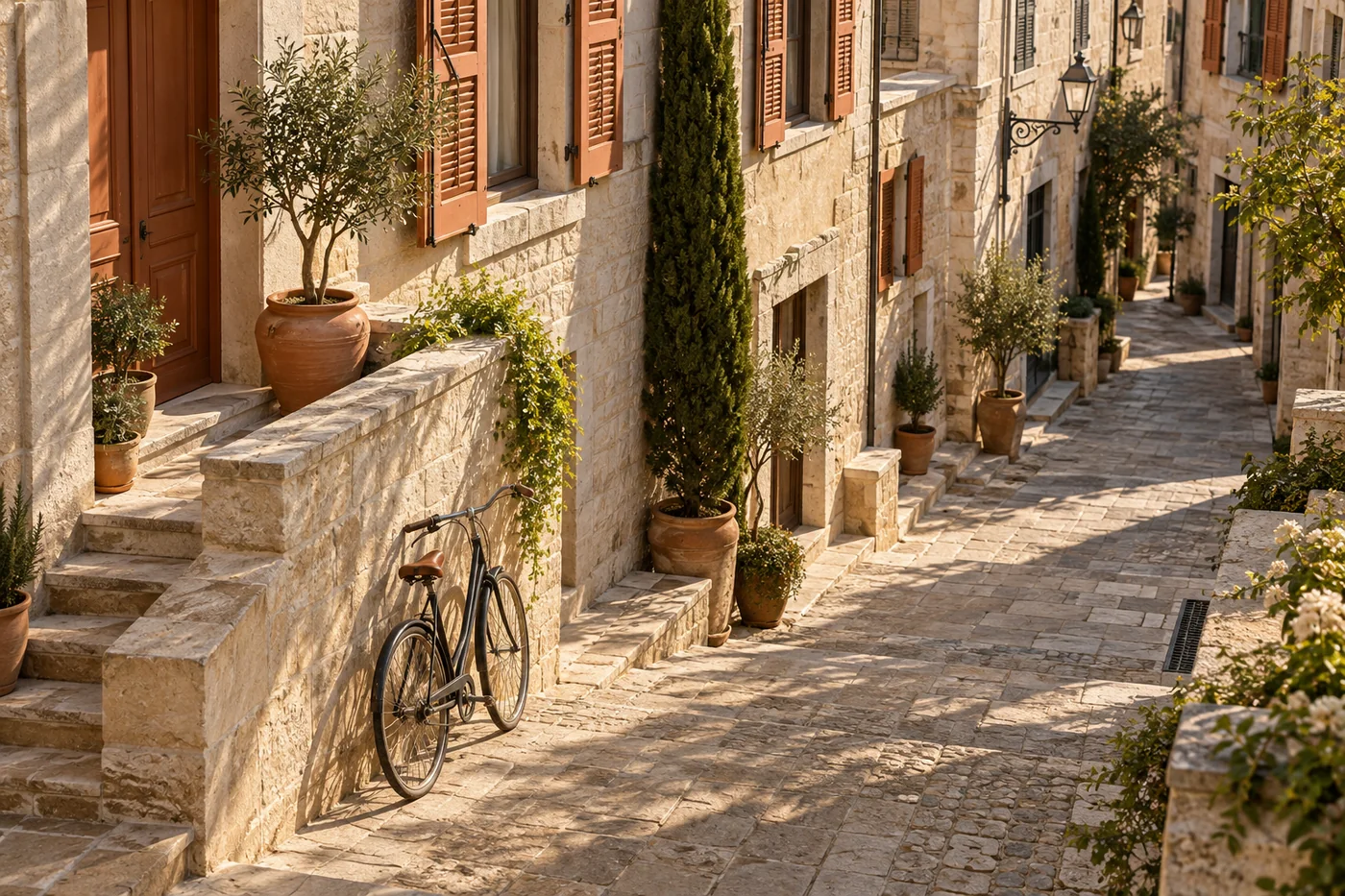 Rua tranquila com bicicleta, plantas e fachadas, em cena ilustrativa gerada por IA.